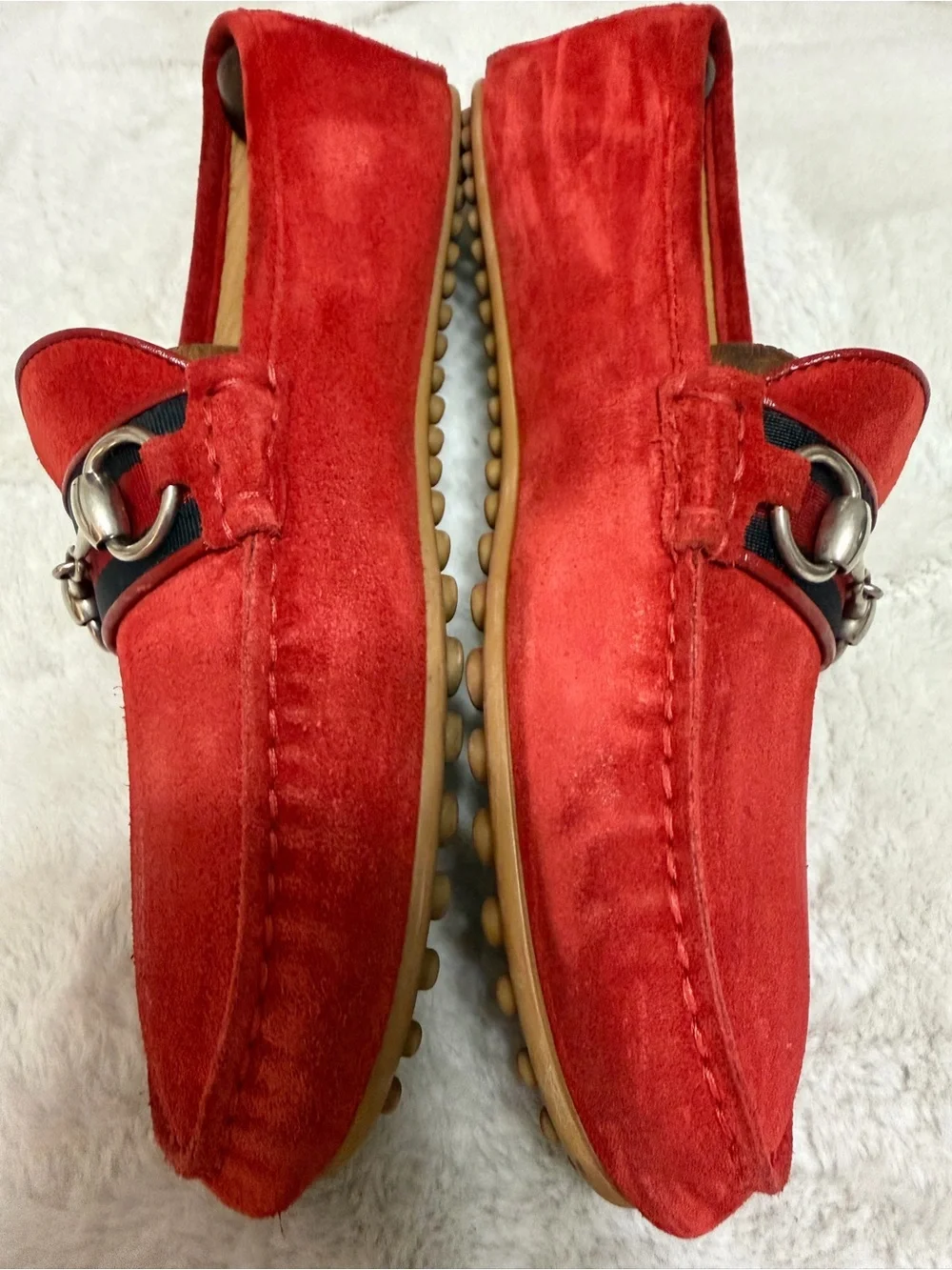 $850 Gucci Red Suede Leather Horse-Bit Link Loafers Driving Moccasins 7.5 8.5